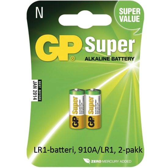 BATTERI GP SUPER ALKALINE LR1-BATT, 910A/LR1, 2-PK, 30x12MM